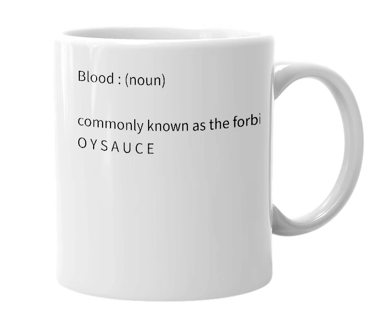 White mug with the definition of 'Blood'