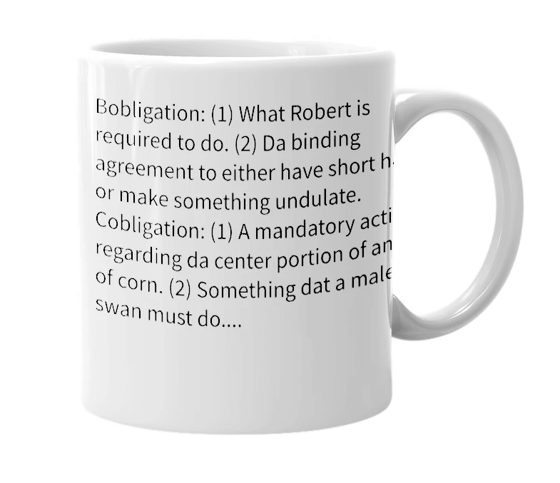White mug with the definition of 'alphabetical obligations'