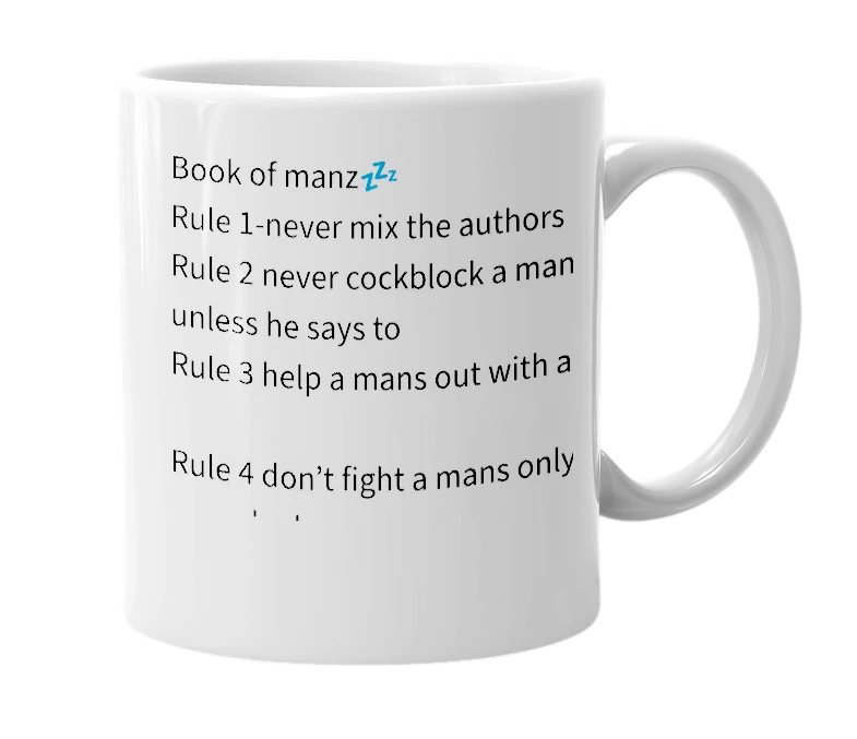 White mug with the definition of 'book of manz'