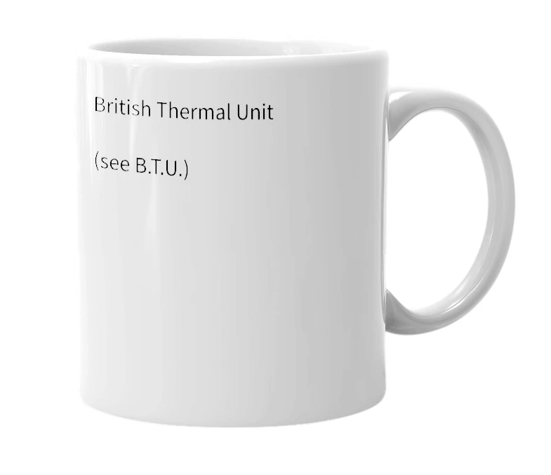White mug with the definition of 'BTU'