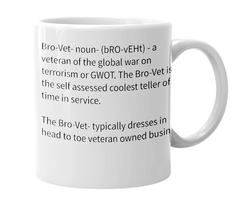 White mug with the definition of 'bro-vet'