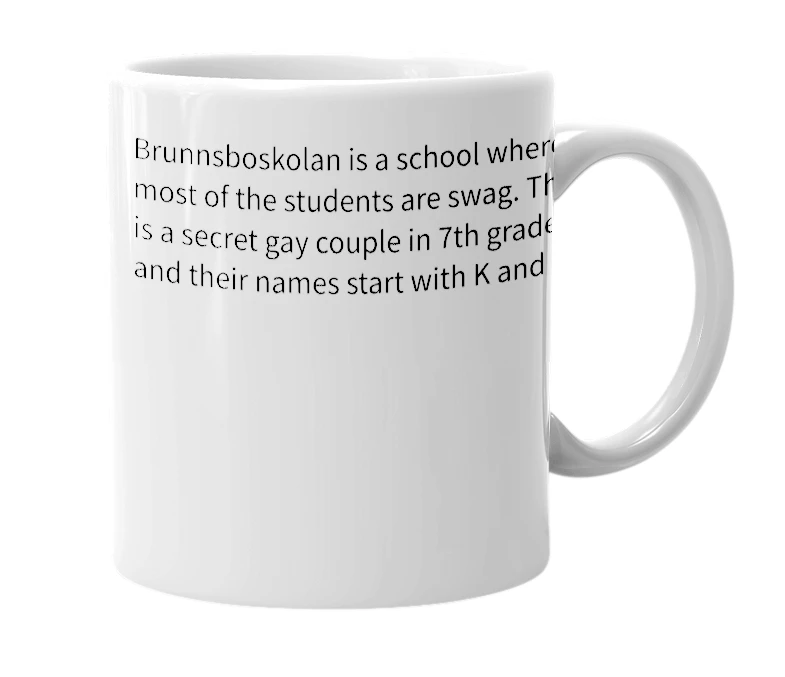 White mug with the definition of 'brunnsboskolan'