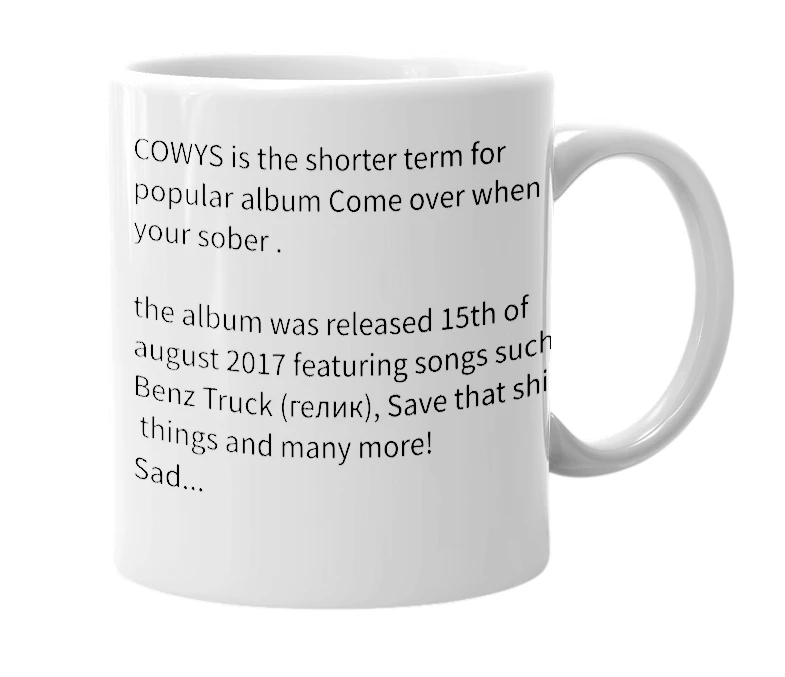 White mug with the definition of 'COWYS'