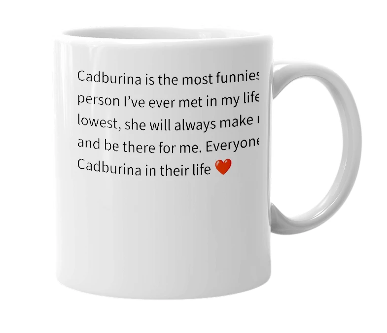 White mug with the definition of 'Cadburina'