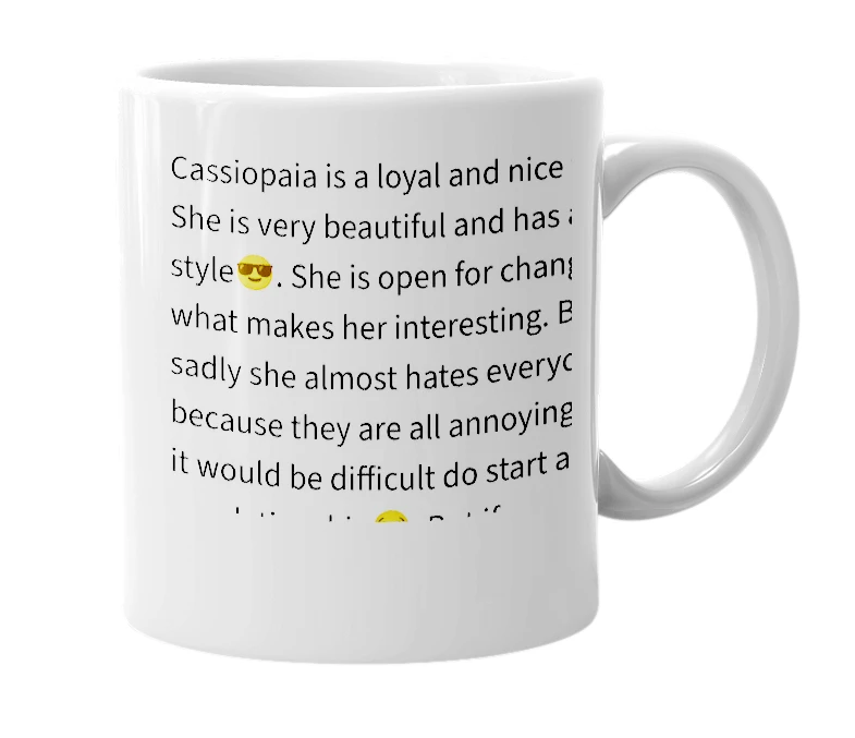White mug with the definition of 'Cassiopaia'