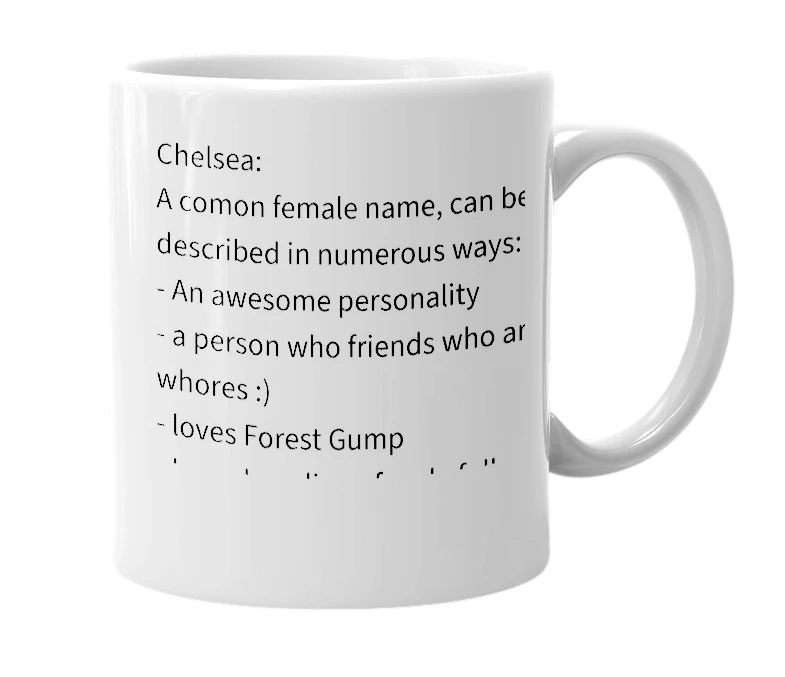 White mug with the definition of 'Chelsea'