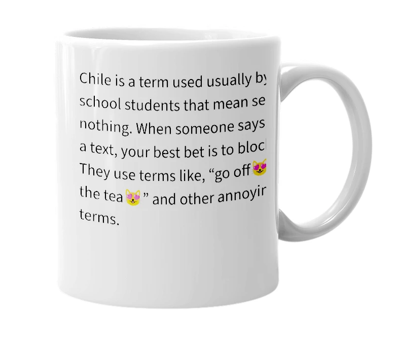 White mug with the definition of 'Chile'