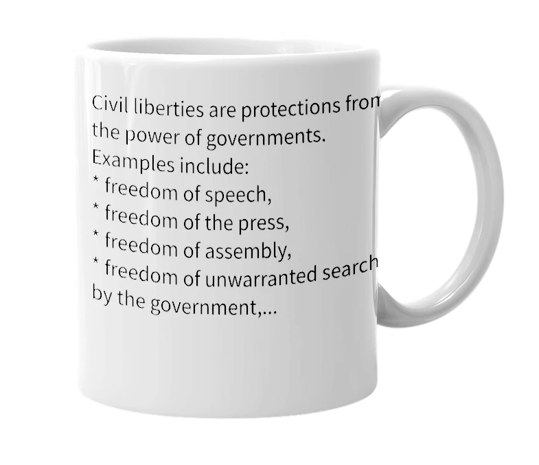 White mug with the definition of 'civil liberties'