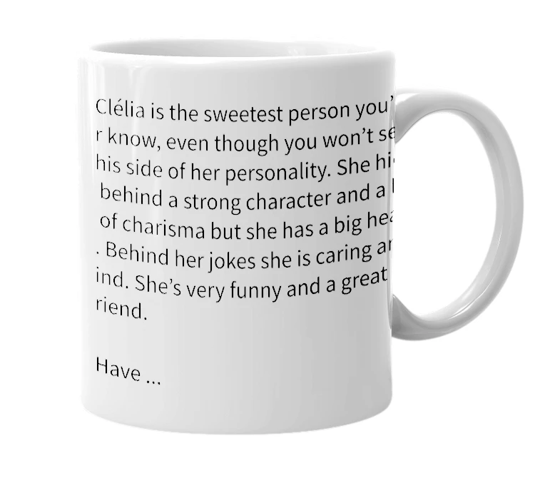 White mug with the definition of 'Clélia'