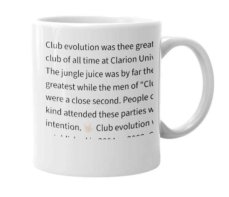 White mug with the definition of 'Clarion’s Club evolution'