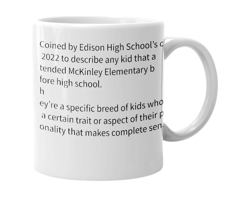 White mug with the definition of 'McKinley Kid'