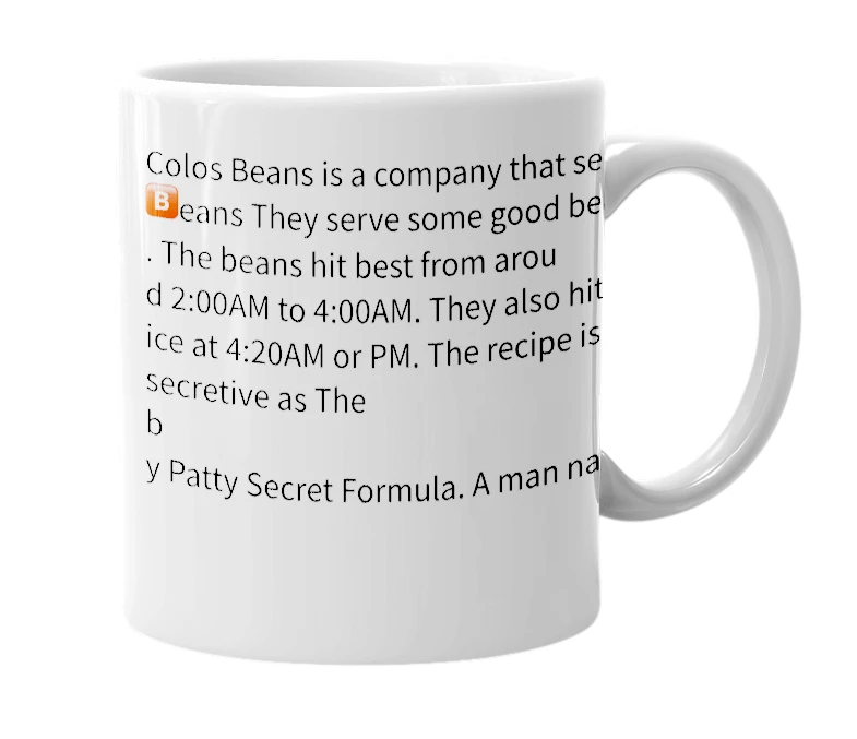 White mug with the definition of 'colos beans'