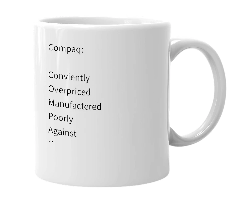 White mug with the definition of 'compaq'