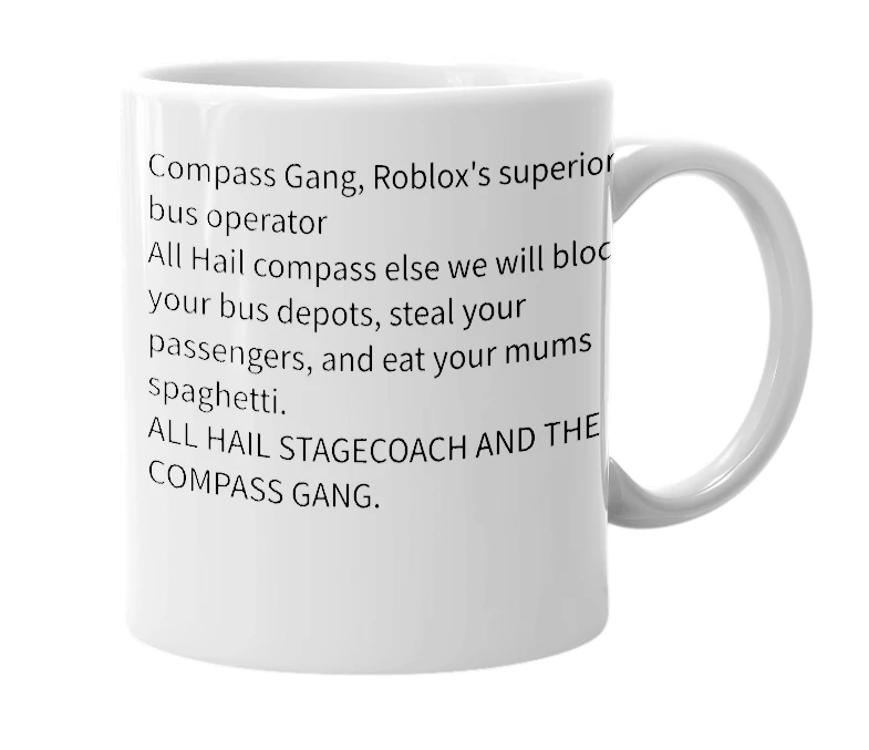 White mug with the definition of 'Compass Gang'