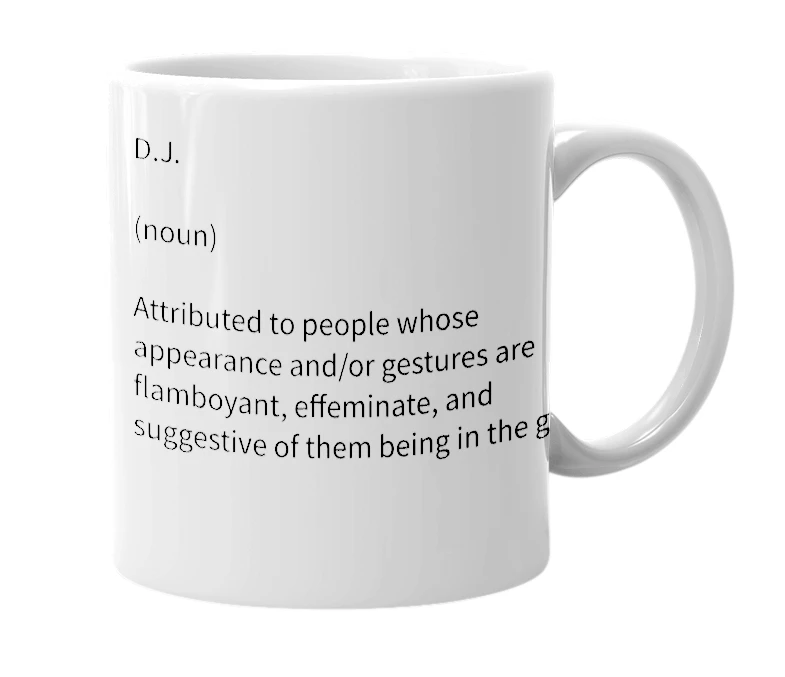 White mug with the definition of 'D.J.'