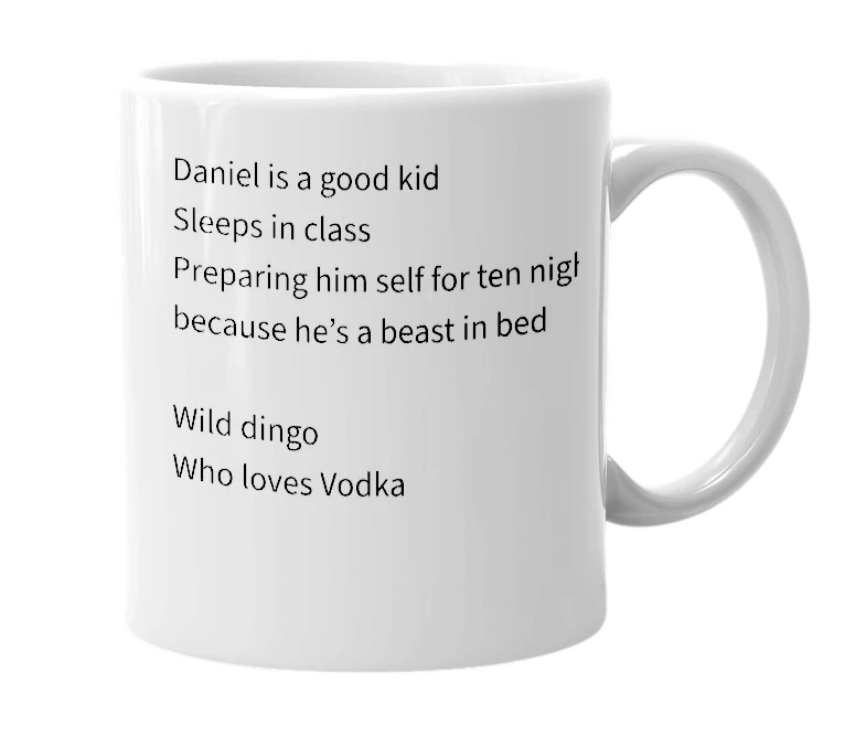 White mug with the definition of 'Daniel'