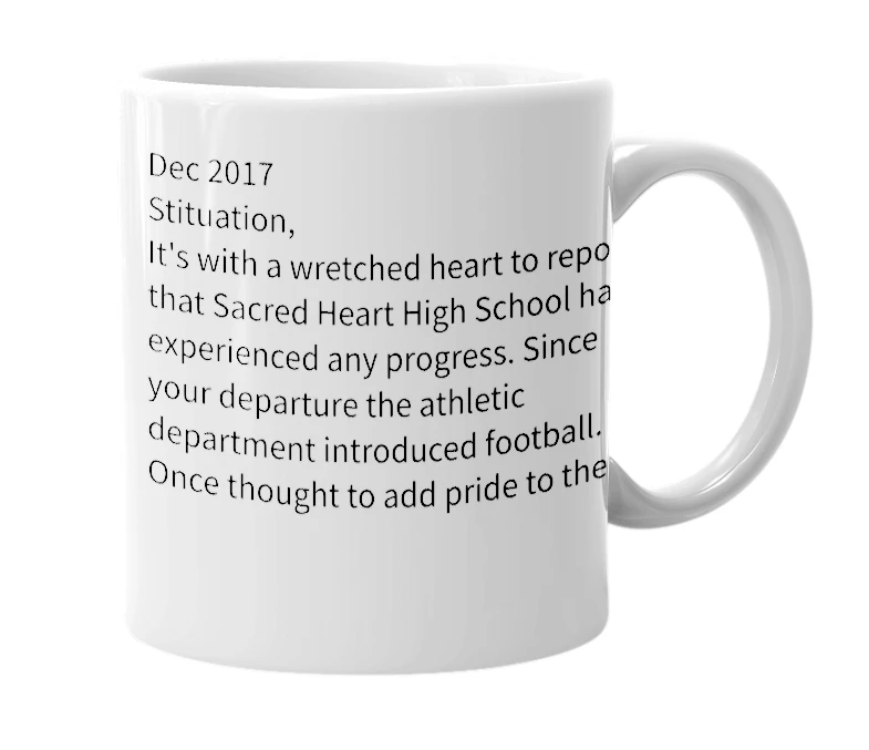 White mug with the definition of 'Sacred Heart High School'
