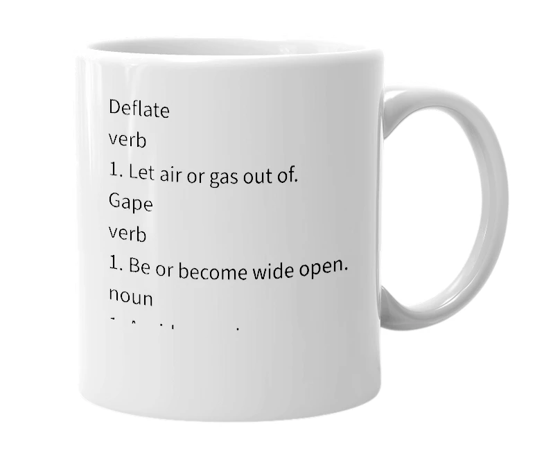 White mug with the definition of 'Deflate Gape'