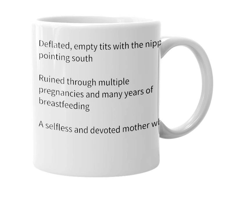 White mug with the definition of 'Ruined Tits'