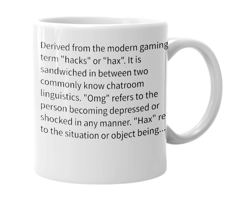 White mug with the definition of 'Omghaxlol'