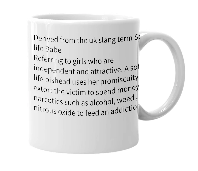 White mug with the definition of 'Soft life bishead'