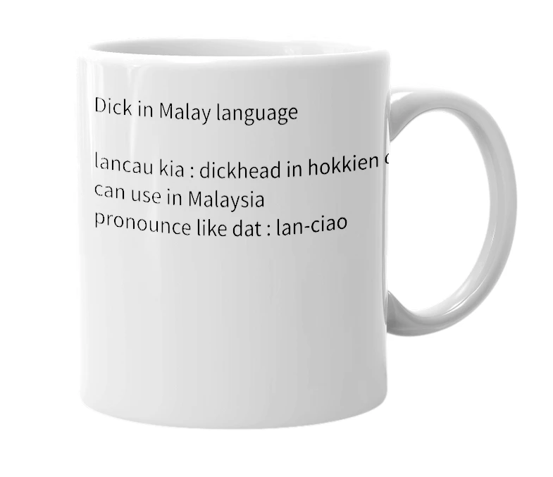 White mug with the definition of 'Lancau'