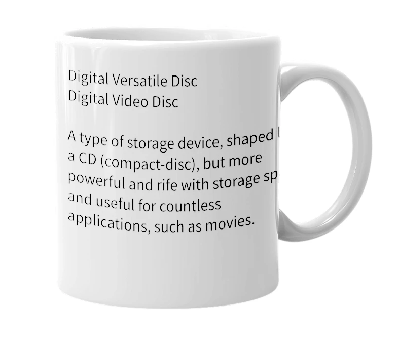White mug with the definition of 'DVD'