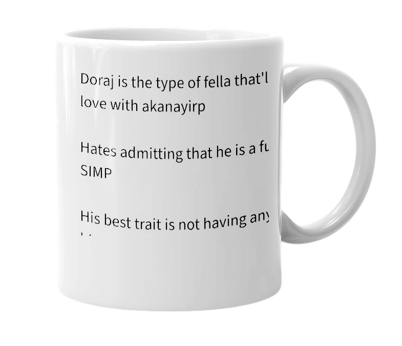 White mug with the definition of 'Doraj'