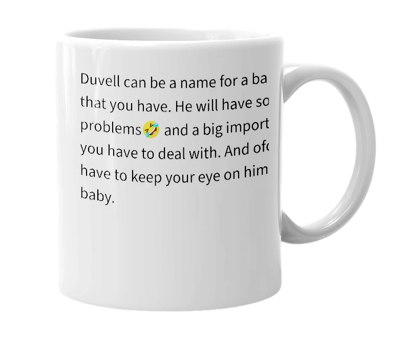 White mug with the definition of 'duvell'