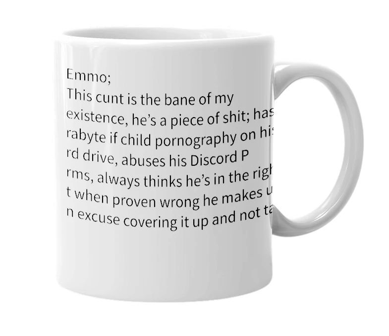 White mug with the definition of '7S Emmo'