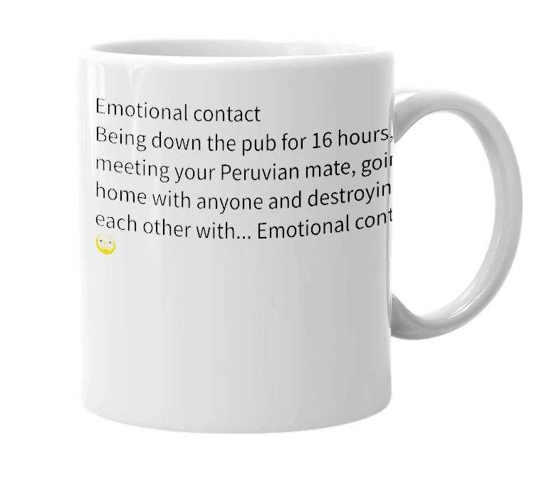 White mug with the definition of 'emotional contact'