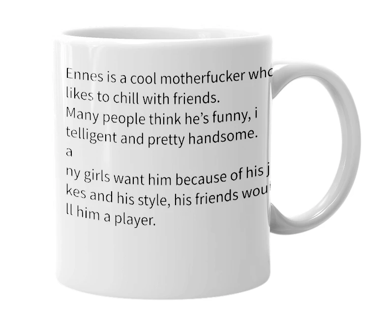 White mug with the definition of 'Ennes'