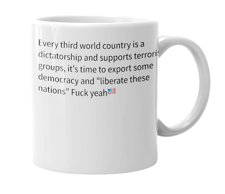 White mug with the definition of 'Export democracy'