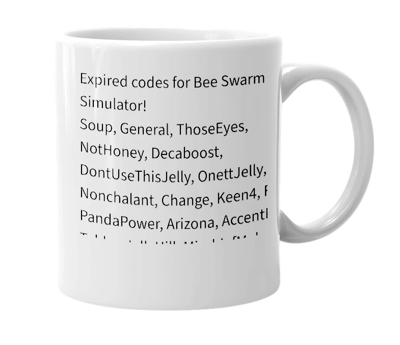 White mug with the definition of 'Bee Swarm Simulator Codes (Expired) (Part 1)'