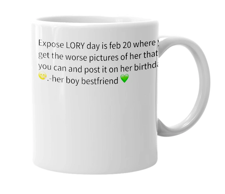 White mug with the definition of 'Feb 20'
