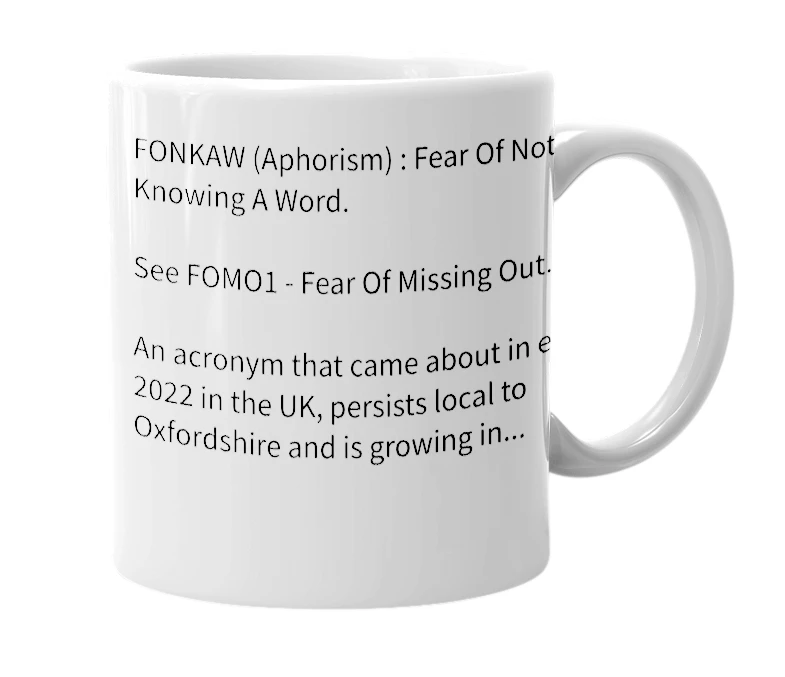 White mug with the definition of 'FONKAW'