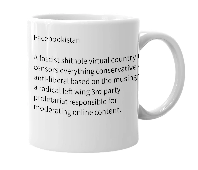 White mug with the definition of 'Facebookistan'