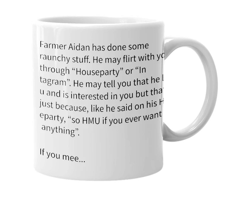 White mug with the definition of 'Farmer Aidan'