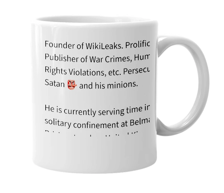 White mug with the definition of 'Julian Assange'