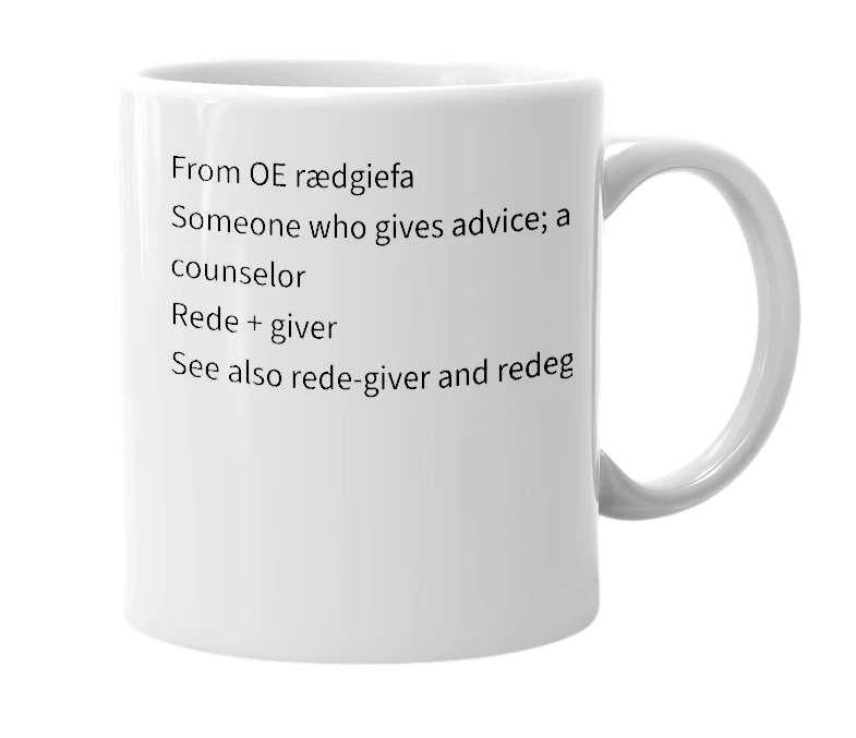 White mug with the definition of 'rede giver'