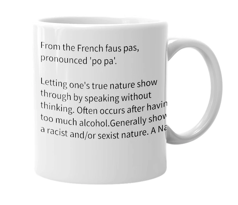 White mug with the definition of 'Paux Pas'