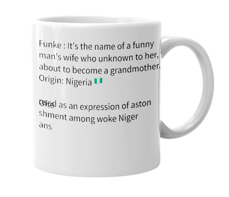 White mug with the definition of 'Funke'