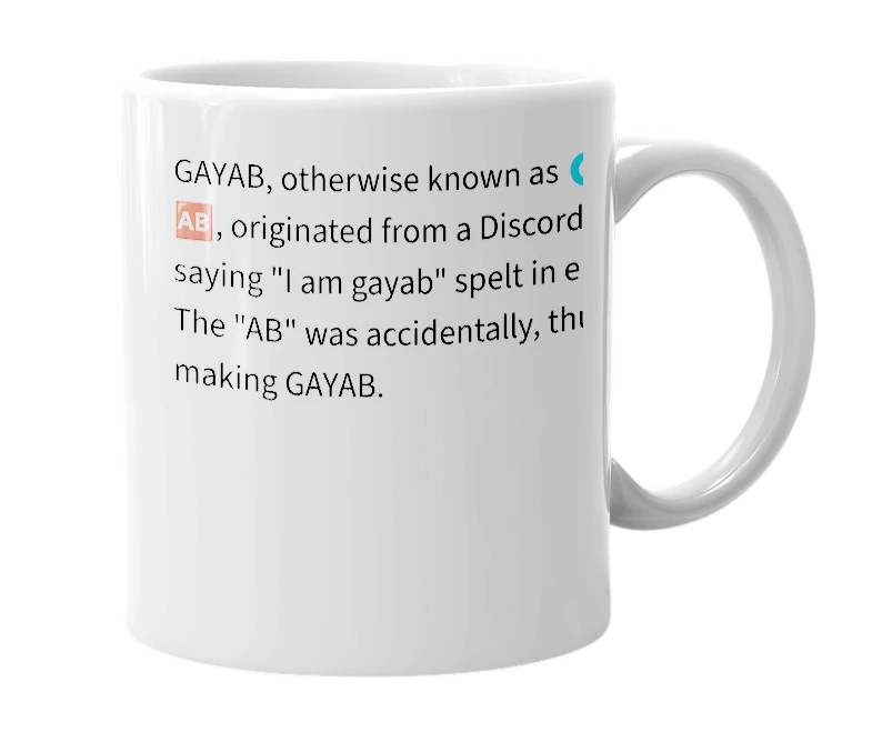 White mug with the definition of 'gayAB'
