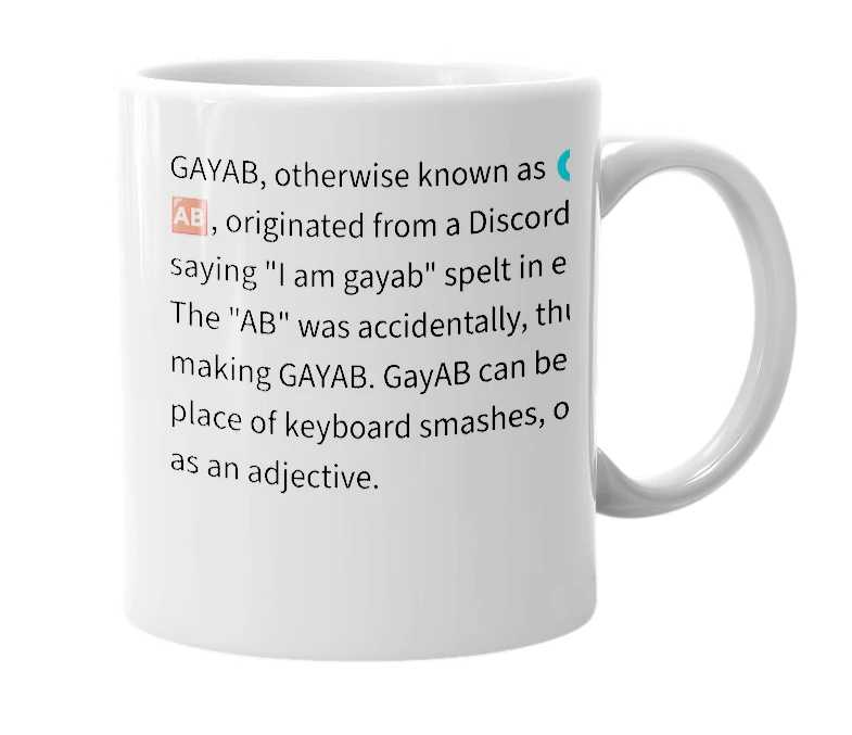 White mug with the definition of 'GayAB'