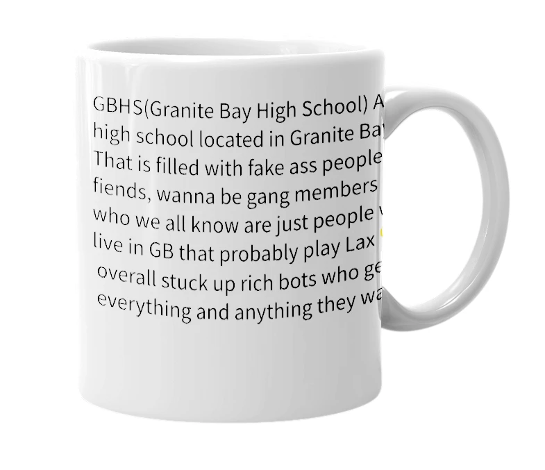 White mug with the definition of 'GBHS'