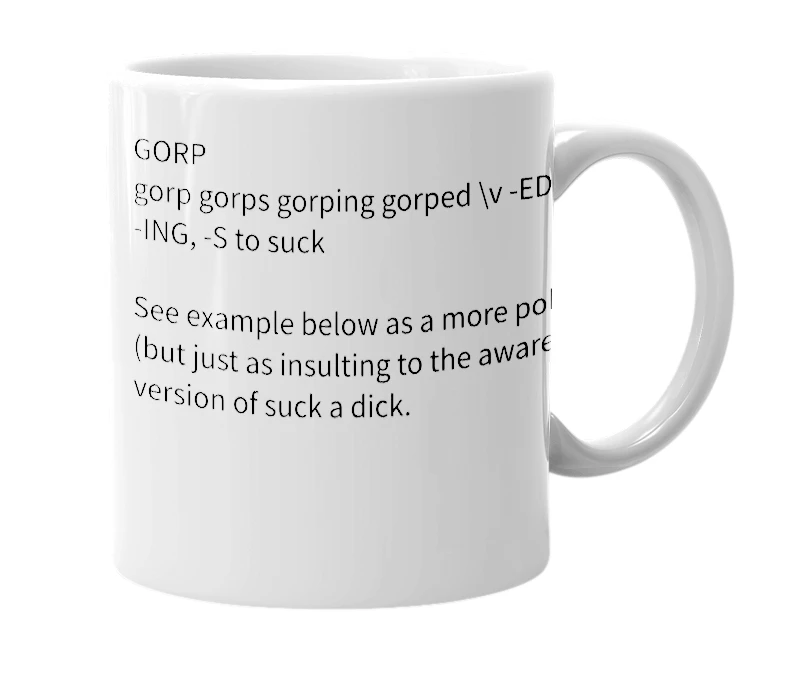 White mug with the definition of 'gorp'