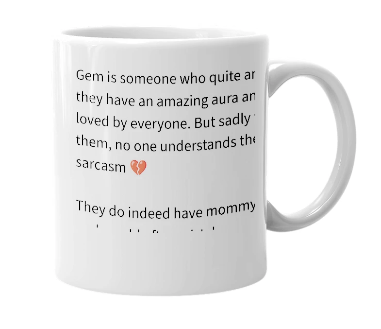 White mug with the definition of 'Gem'