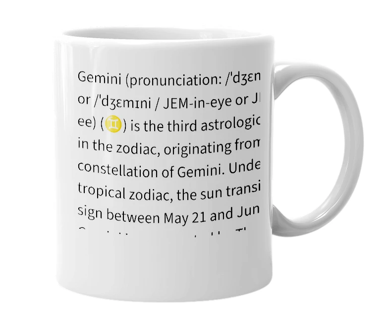 White mug with the definition of 'Gemini'