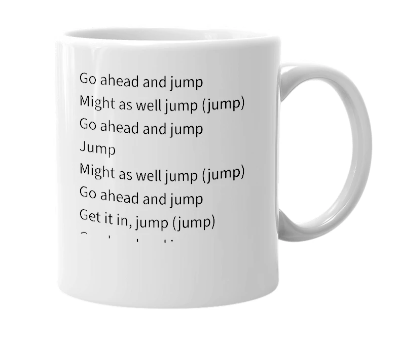 White mug with the definition of 'Jump'