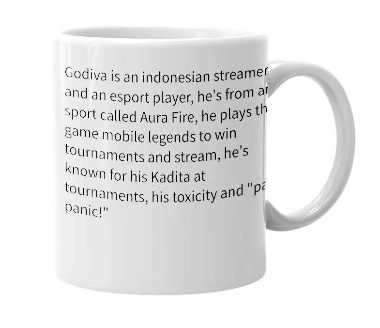 White mug with the definition of 'Godiva'